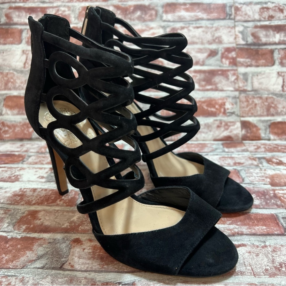 Vince Camuto Black Suede Caged Open Toe Heels Women’s Shoe Sz. 8.5M Zip Heel